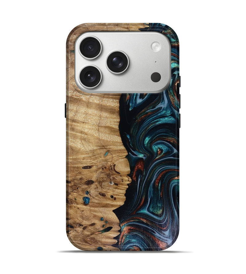 iPhone 17 Pro Wood Live Edge Phone Case - Leilany (Teal & Gold, 817921)