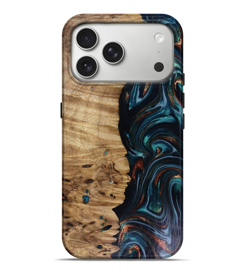 iPhone 17 Pro Max Wood Live Edge Phone Case - Leilany (Teal & Gold, 817921)