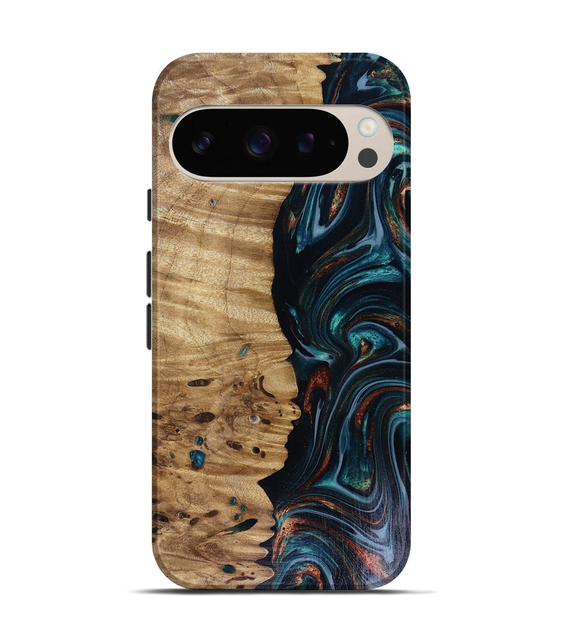 Pixel 9 Pro Wood Live Edge Phone Case - Leilany (Teal & Gold, 817921)