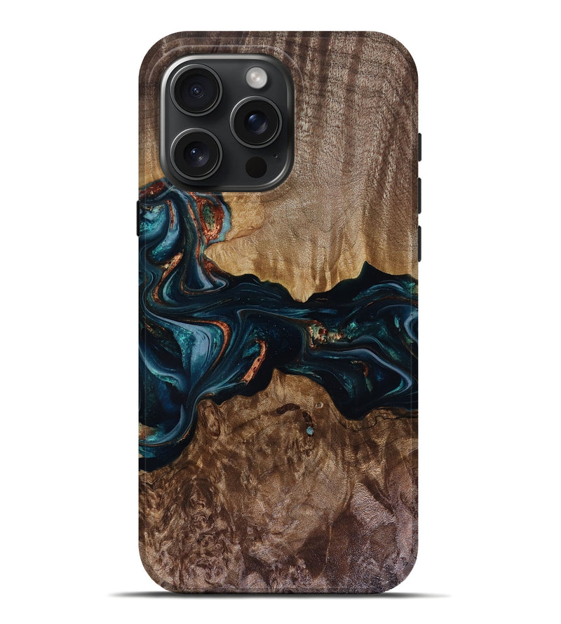 iPhone 16 Pro Max Wood Live Edge Phone Case - Harley (Teal & Gold, 817930)