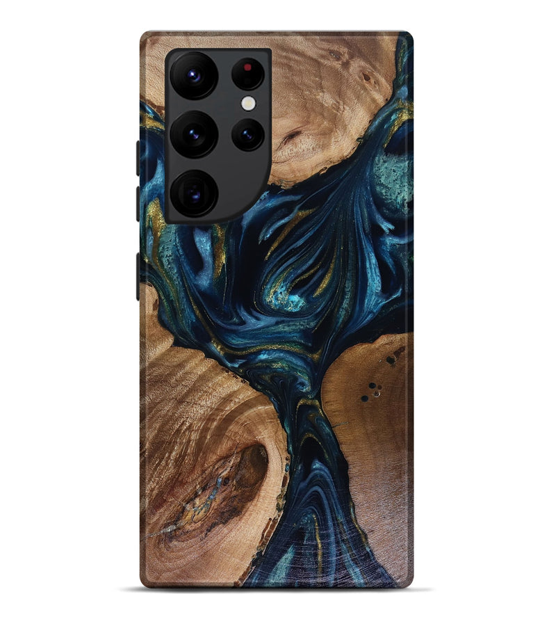 Galaxy S22 Ultra Wood Live Edge Phone Case - Trina (Teal & Gold, 817943)