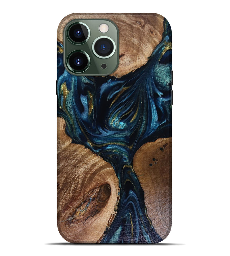iPhone 13 Pro Max Wood Live Edge Phone Case - Trina (Teal & Gold, 817943)