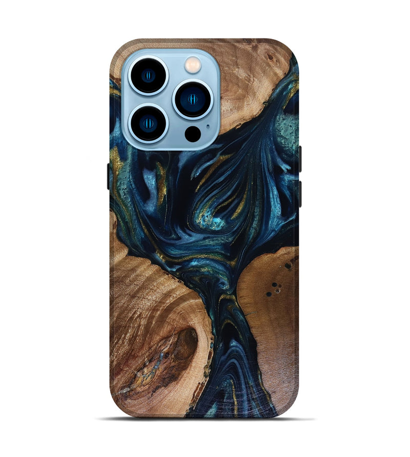 iPhone 14 Pro Wood Live Edge Phone Case - Trina (Teal & Gold, 817943)