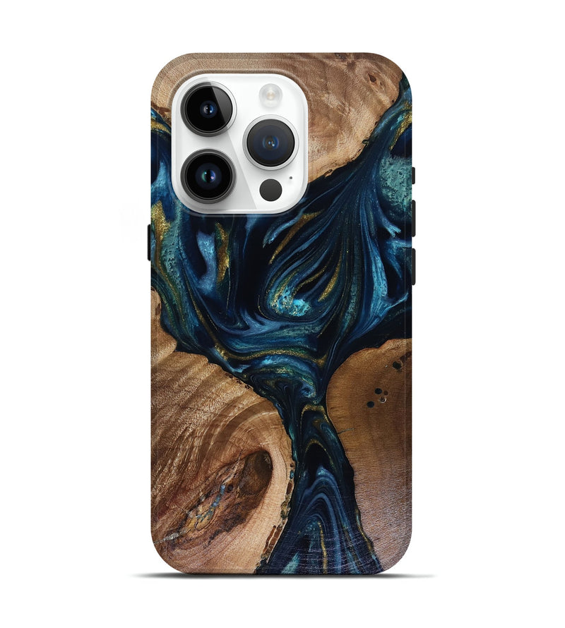 iPhone 15 Pro Wood Live Edge Phone Case - Trina (Teal & Gold, 817943)