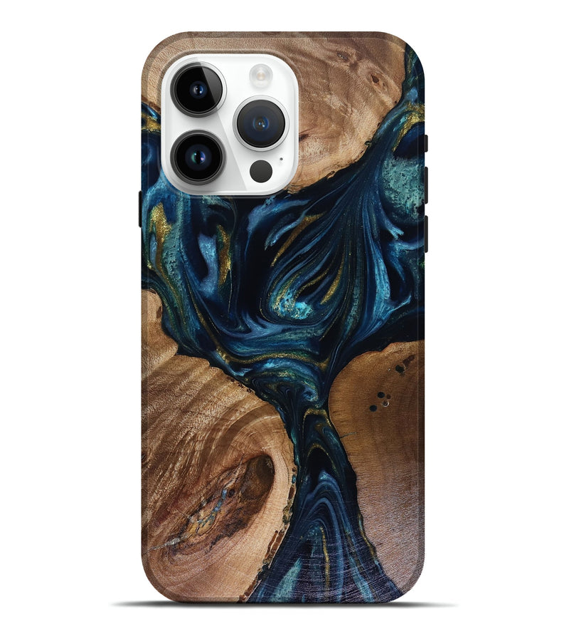 iPhone 15 Pro Max Wood Live Edge Phone Case - Trina (Teal & Gold, 817943)