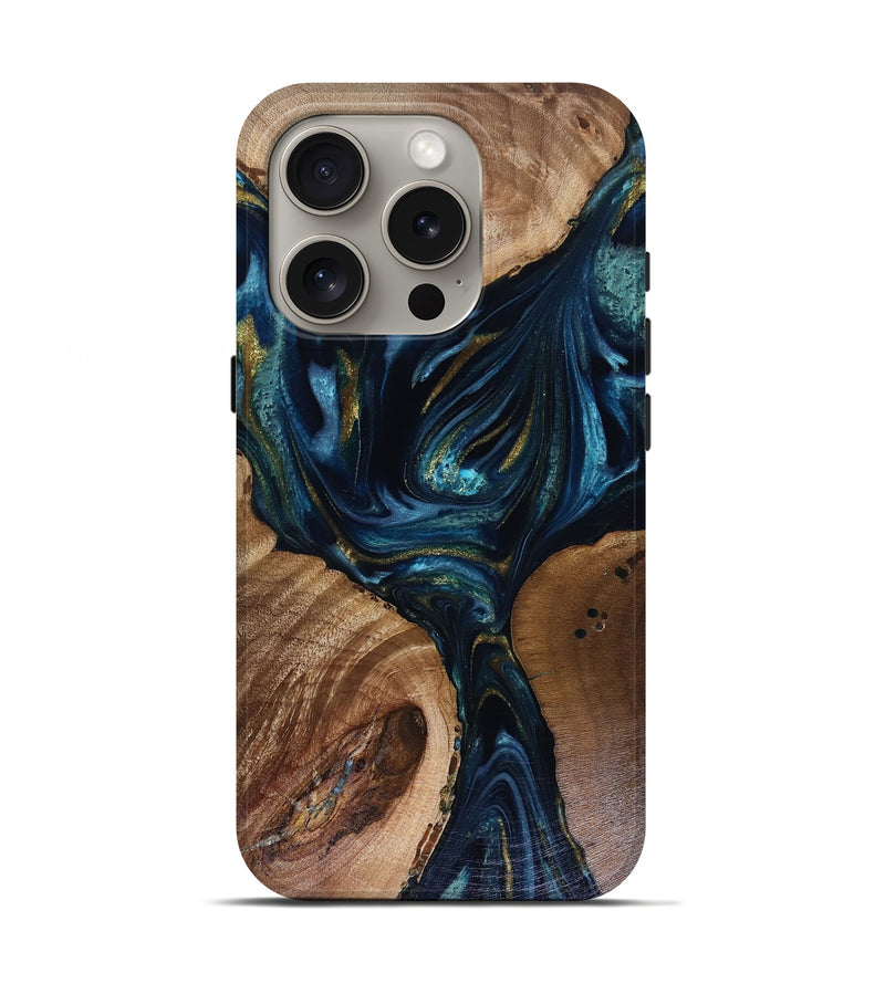 iPhone 16 Pro Wood Live Edge Phone Case - Trina (Teal & Gold, 817943)