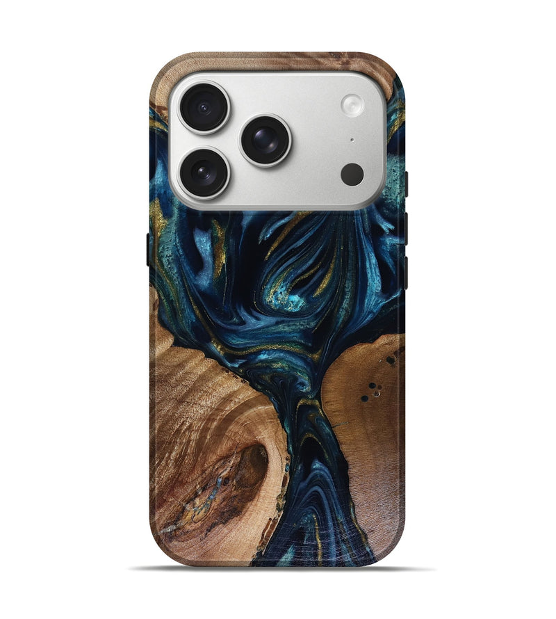 iPhone 17 Pro Wood Live Edge Phone Case - Trina (Teal & Gold, 817943)