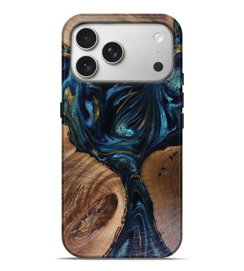 iPhone 17 Pro Max Wood Live Edge Phone Case - Trina (Teal & Gold, 817943)