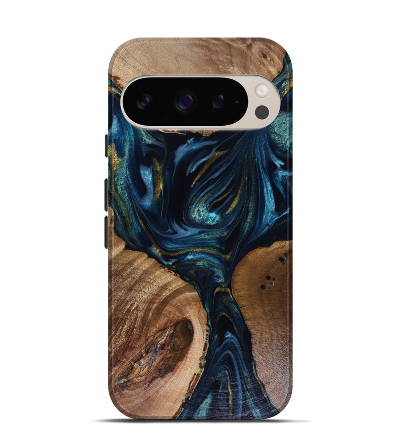 Pixel 9 Pro Wood Live Edge Phone Case - Trina (Teal & Gold, 817943)