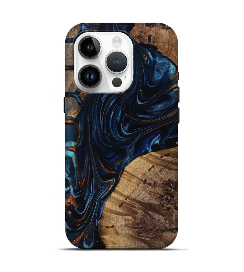 iPhone 15 Pro Wood Live Edge Phone Case - Davian (Teal & Gold, 818027)