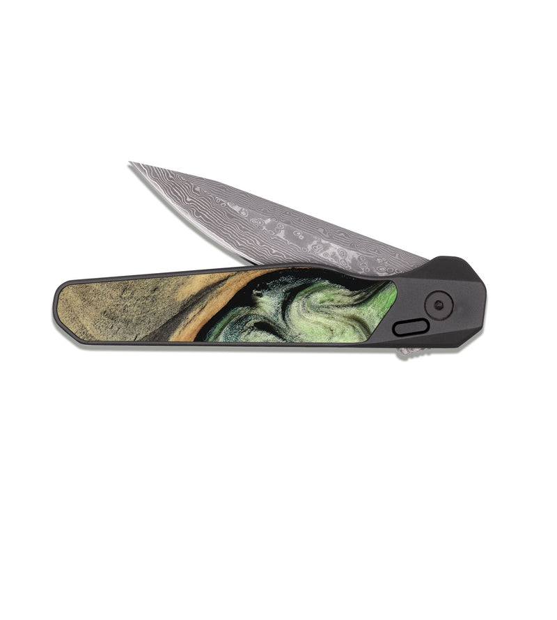 EDC Dark Damascus Wood Pocket Knife - Kaia (Green, 818379)