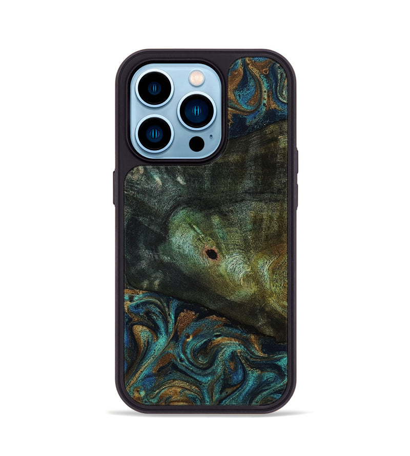 iPhone 14 Pro Wood Phone Case - Odessa (Teal & Gold, 818594)
