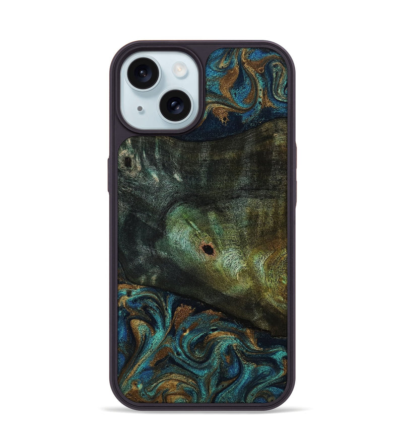 iPhone 15 Wood Phone Case - Odessa (Teal & Gold, 818594)