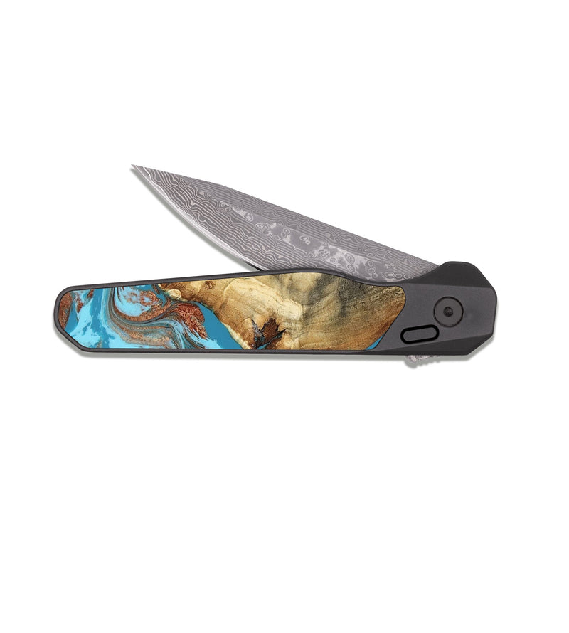 EDC Dark Damascus Wood Pocket Knife - Kevin (Teal & Gold, 818783)