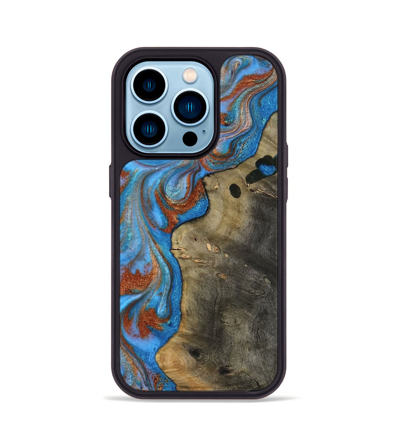 iPhone 14 Pro Wood Phone Case - Carl (Teal & Gold, 818786)