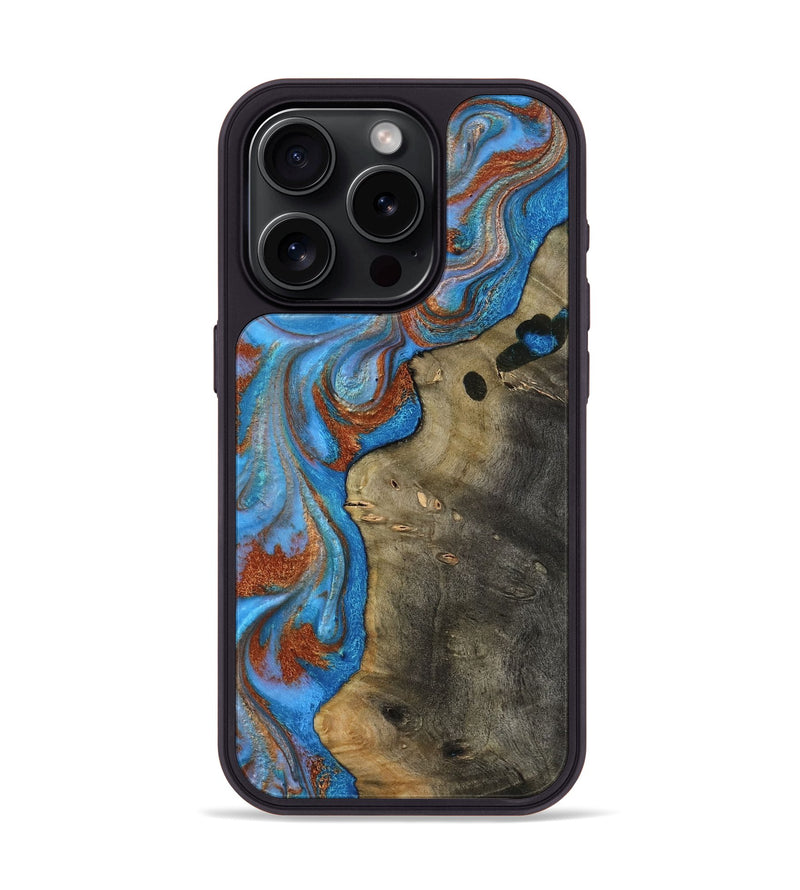 iPhone 15 Pro Wood Phone Case - Carl (Teal & Gold, 818786)