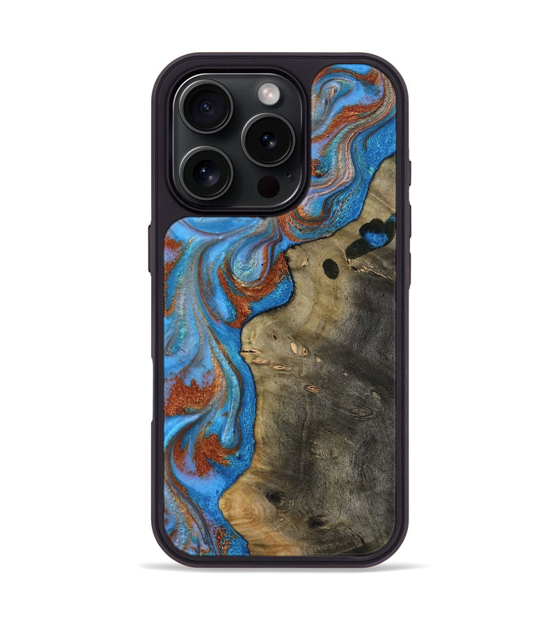 iPhone 16 Pro Wood Phone Case - Carl (Teal & Gold, 818786)