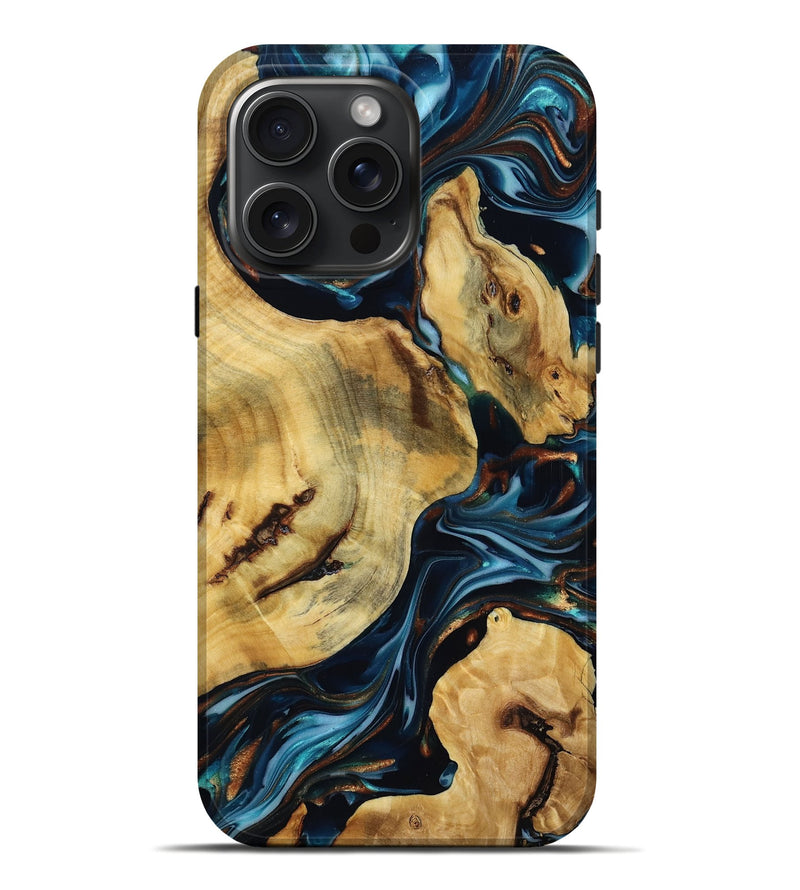 iPhone 16 Pro Max Wood Live Edge Phone Case - Ean (Teal & Gold, 818934)