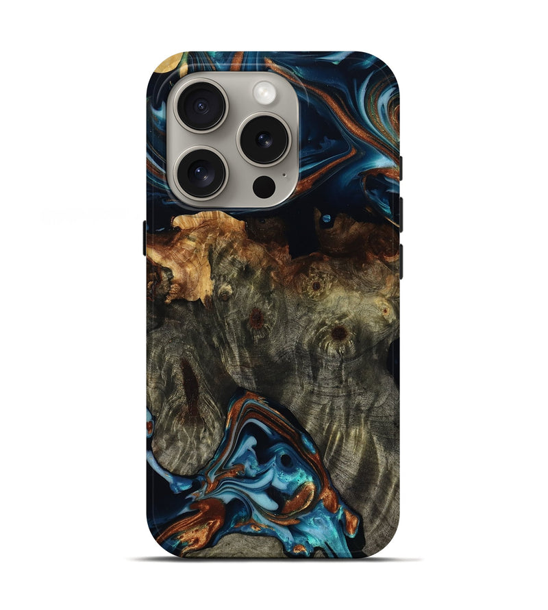 iPhone 16 Pro Wood Live Edge Phone Case - Margie (Teal & Gold, 818935)