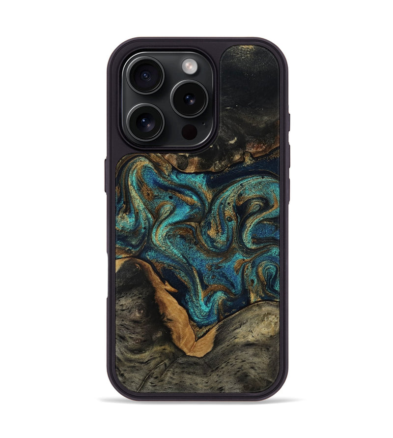 iPhone 16 Pro Wood Phone Case - Dee (Teal & Gold, 819071)