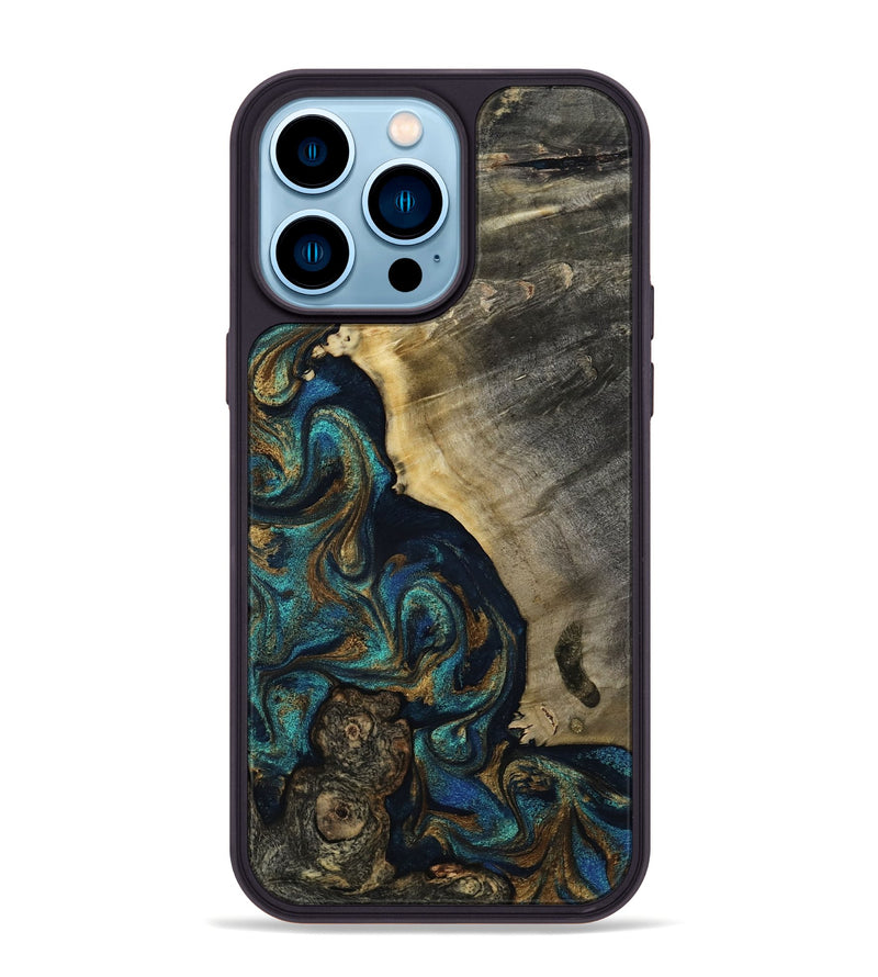 iPhone 14 Pro Max Wood Phone Case - Foster (Teal & Gold, 819072)