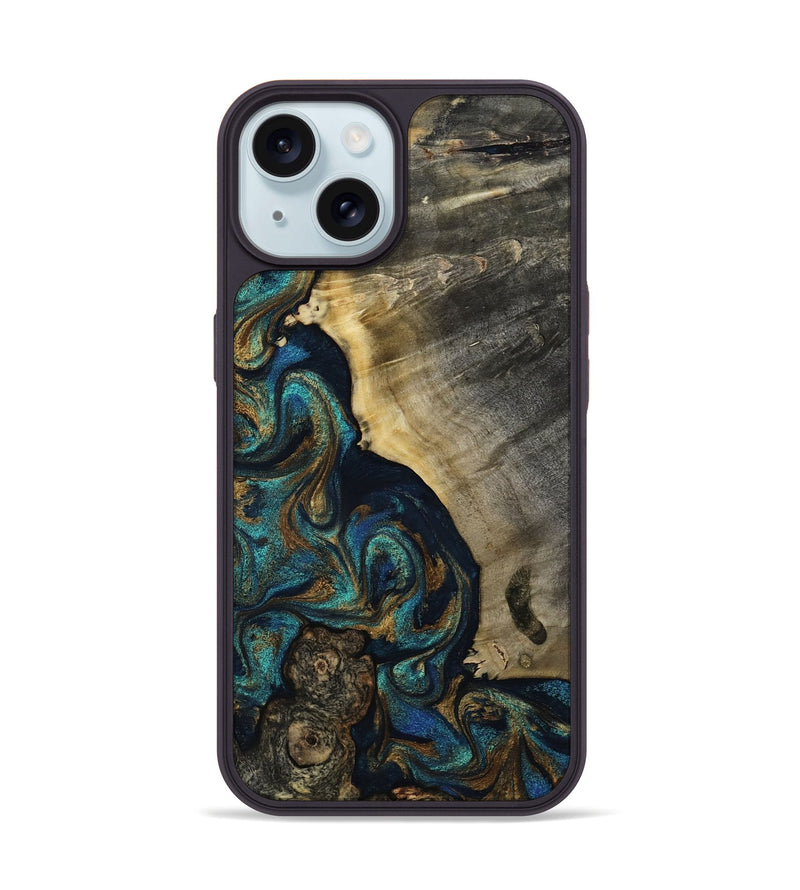 iPhone 15 Wood Phone Case - Foster (Teal & Gold, 819072)