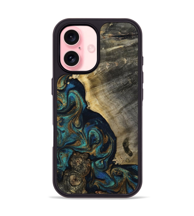iPhone 16 Wood Phone Case - Foster (Teal & Gold, 819072)