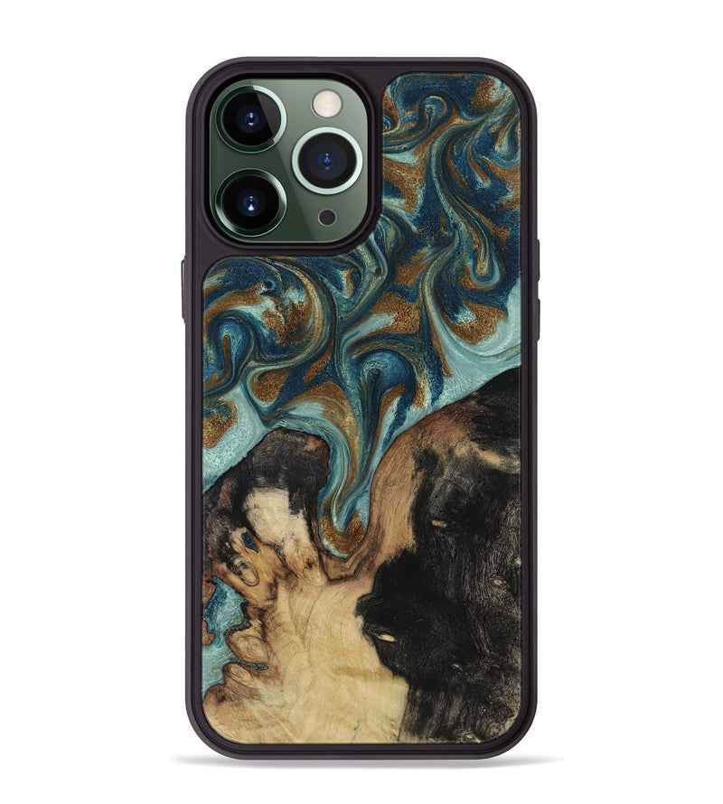 iPhone 13 Pro Max Wood Phone Case - Garrick (Teal & Gold, 819073)
