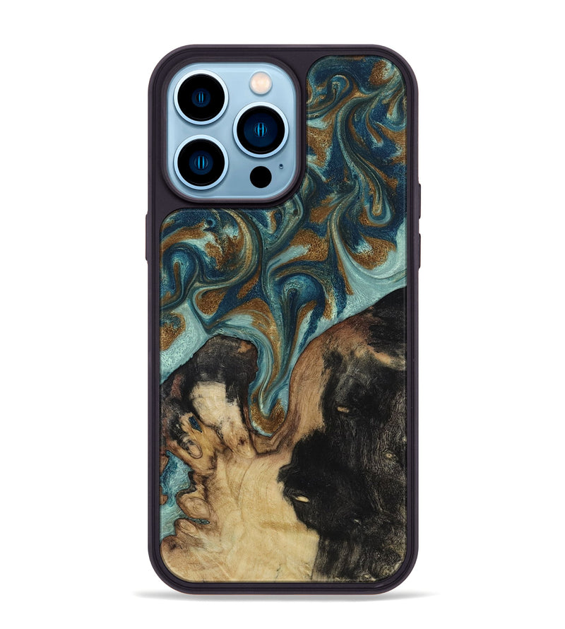 iPhone 14 Pro Max Wood Phone Case - Garrick (Teal & Gold, 819073)