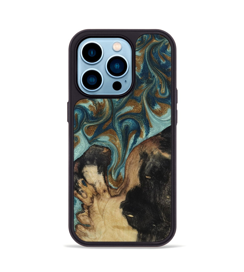 iPhone 14 Pro Wood Phone Case - Garrick (Teal & Gold, 819073)