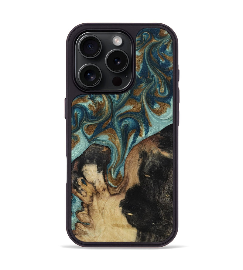 iPhone 16 Pro Wood Phone Case - Garrick (Teal & Gold, 819073)