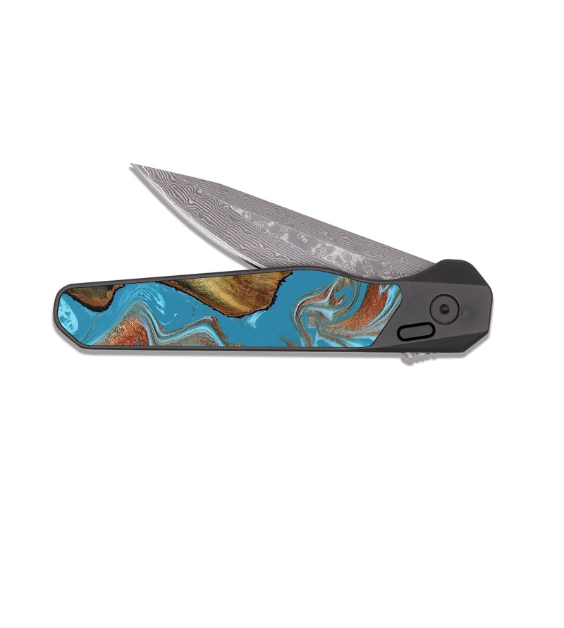 EDC Dark Damascus Wood Pocket Knife - Domingo (Teal & Gold, 819074)