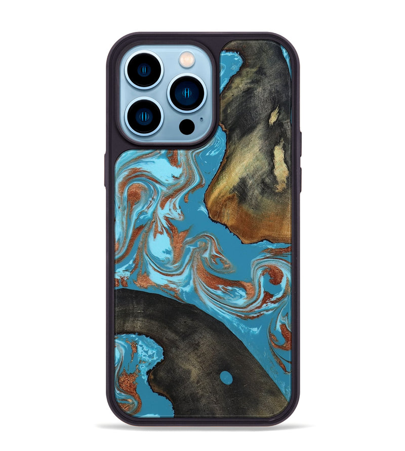 iPhone 14 Pro Max Wood Phone Case - Domingo (Teal & Gold, 819074)