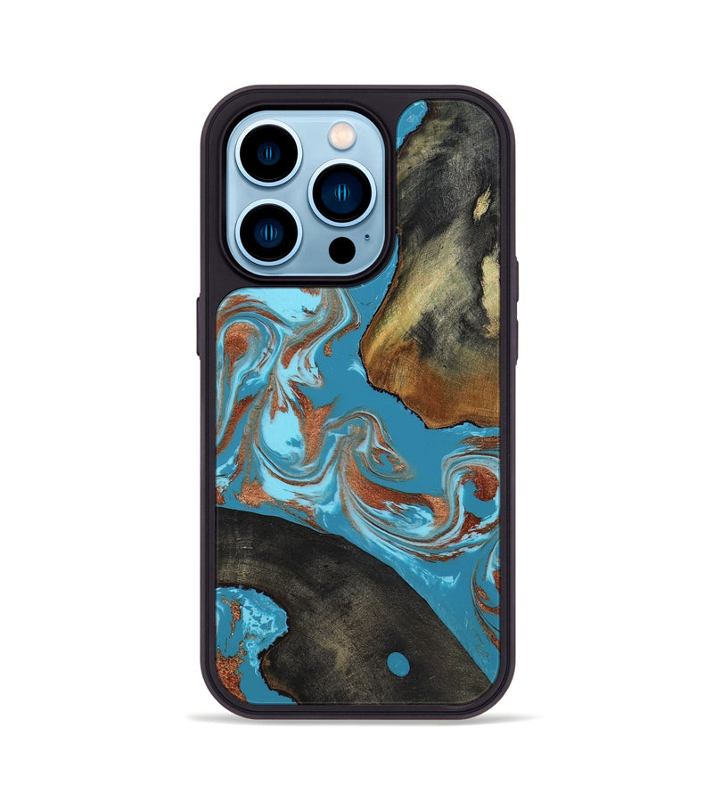 iPhone 14 Pro Wood Phone Case - Domingo (Teal & Gold, 819074)