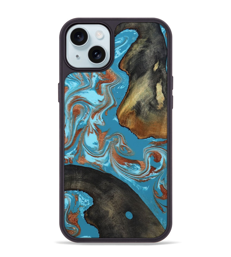 iPhone 15 Plus Wood Phone Case - Domingo (Teal & Gold, 819074)