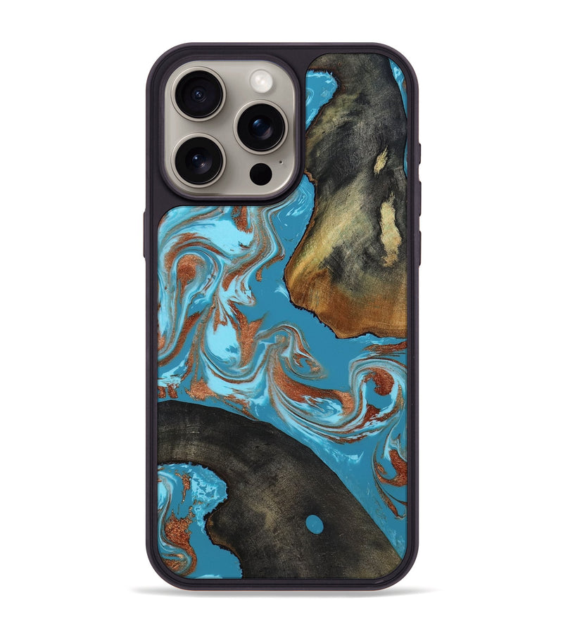 iPhone 15 Pro Max Wood Phone Case - Domingo (Teal & Gold, 819074)