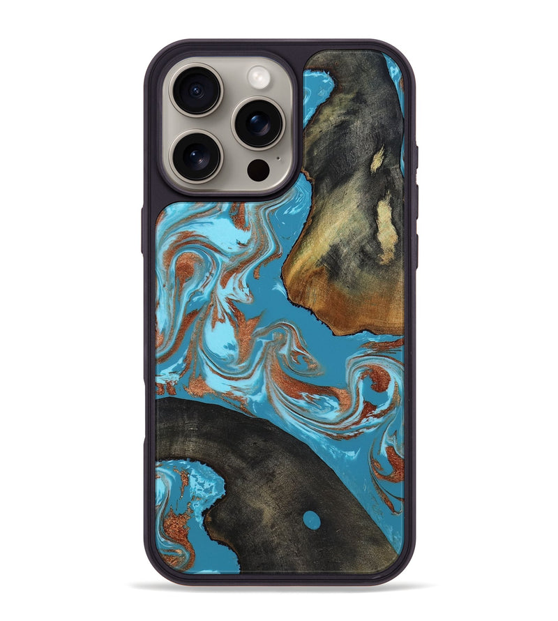 iPhone 16 Pro Max Wood Phone Case - Domingo (Teal & Gold, 819074)