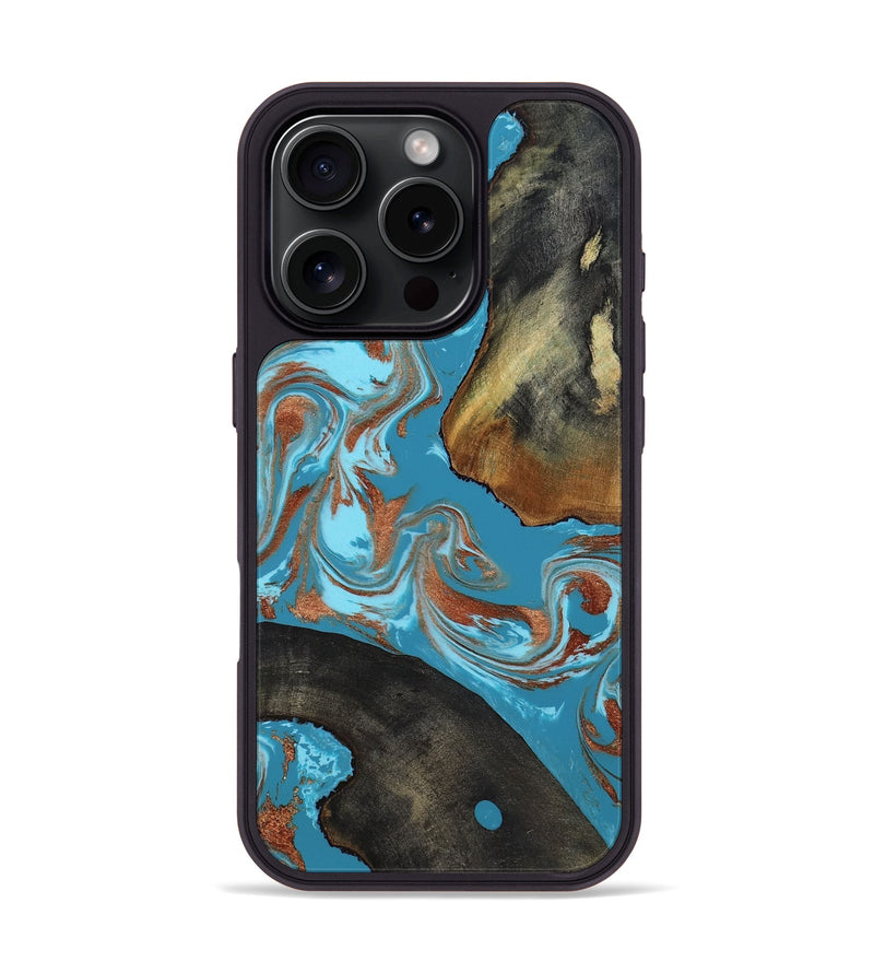 iPhone 16 Pro Wood Phone Case - Domingo (Teal & Gold, 819074)