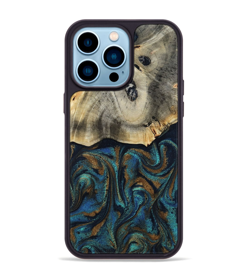 iPhone 14 Pro Max Wood Phone Case - Florene (Teal & Gold, 819076)