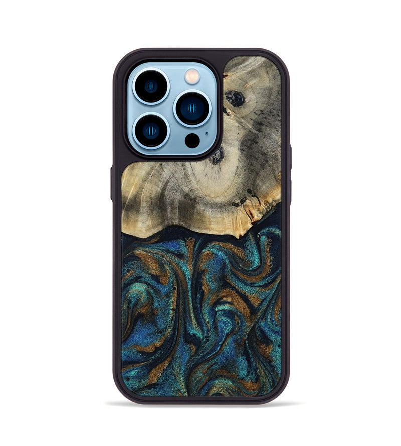 iPhone 14 Pro Wood Phone Case - Florene (Teal & Gold, 819076)