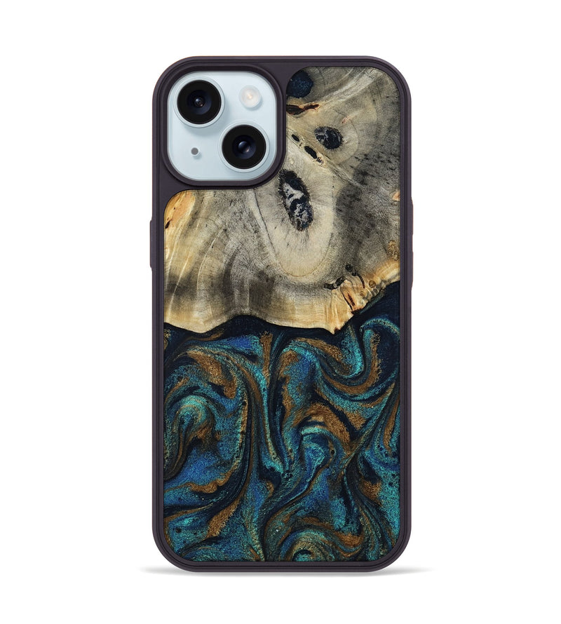 iPhone 15 Wood Phone Case - Florene (Teal & Gold, 819076)
