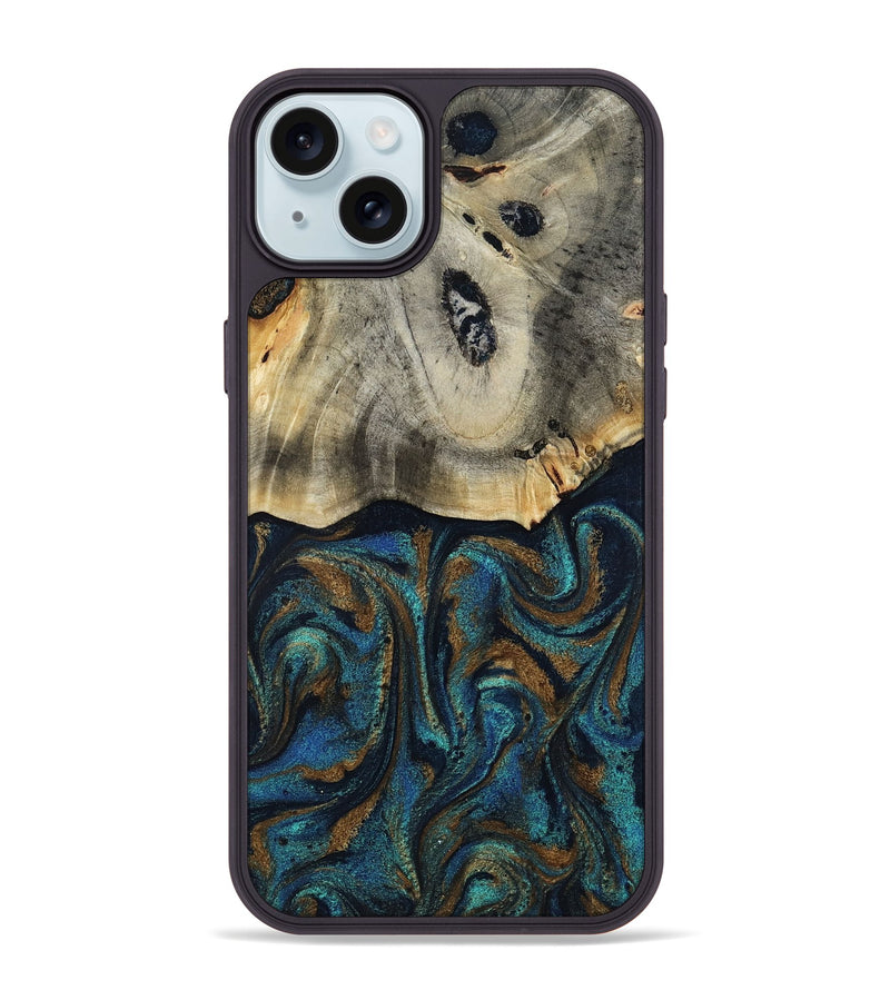 iPhone 15 Plus Wood Phone Case - Florene (Teal & Gold, 819076)