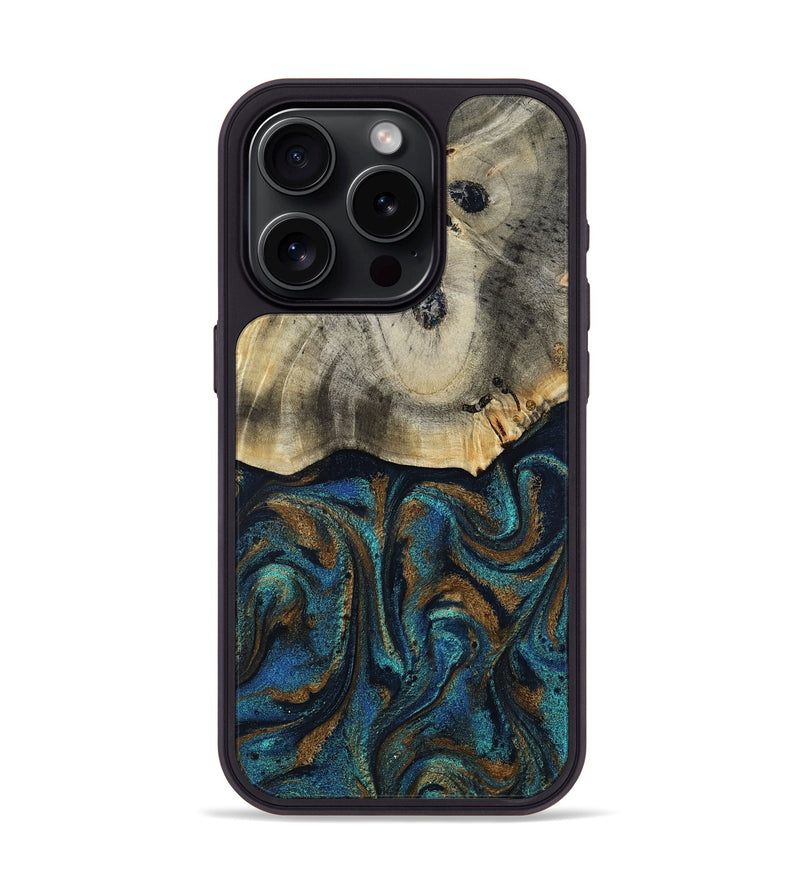 iPhone 15 Pro Wood Phone Case - Florene (Teal & Gold, 819076)