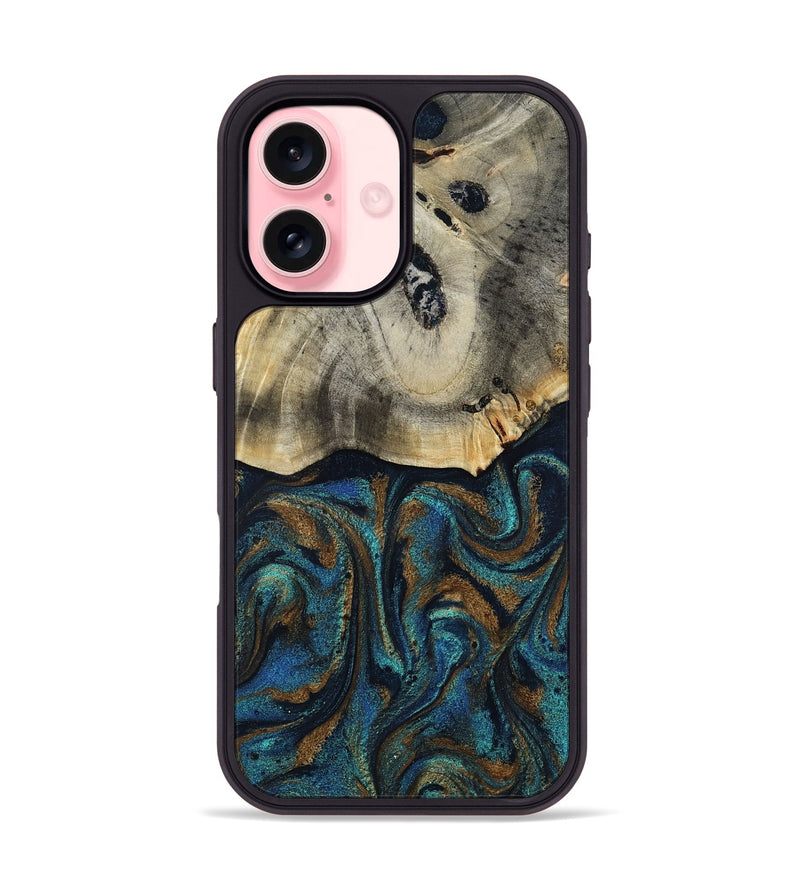 iPhone 16 Wood Phone Case - Florene (Teal & Gold, 819076)