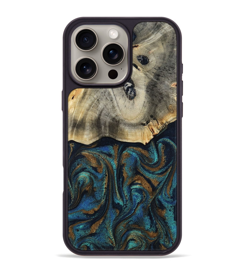 iPhone 16 Pro Max Wood Phone Case - Florene (Teal & Gold, 819076)