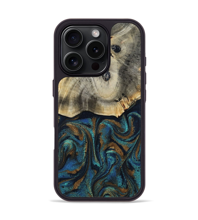 iPhone 16 Pro Wood Phone Case - Florene (Teal & Gold, 819076)