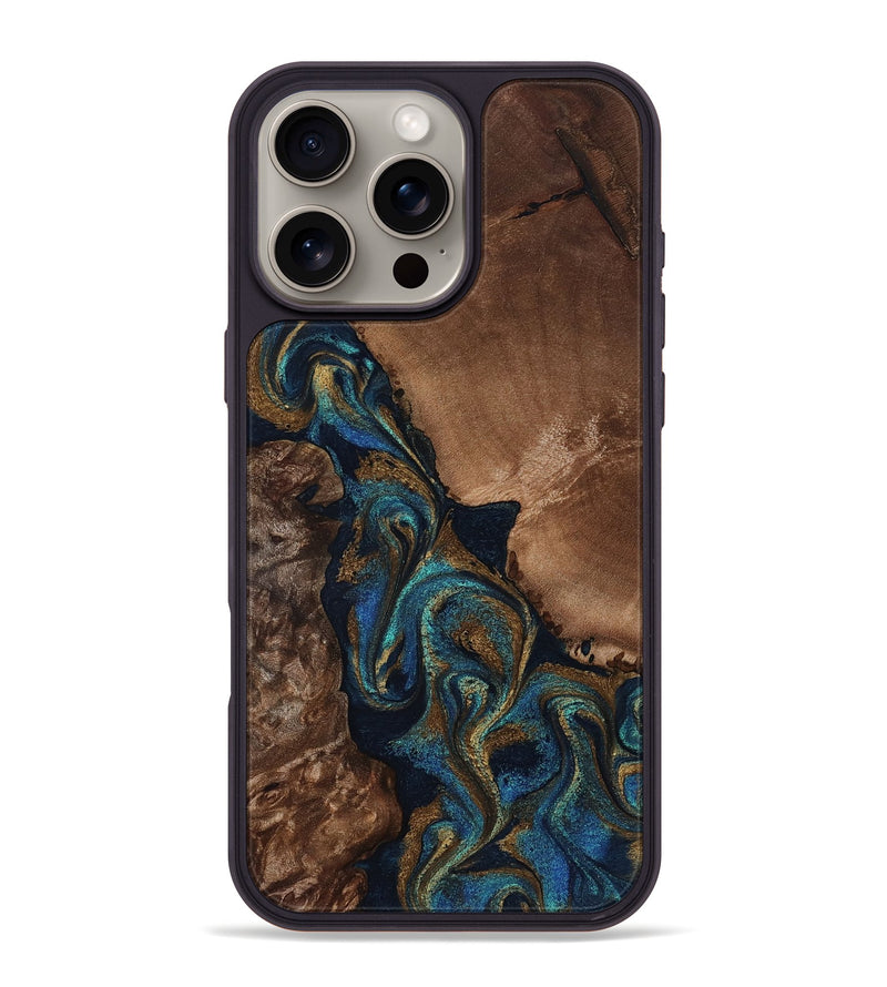 iPhone 16 Pro Max Wood Phone Case - Retta (Teal & Gold, 819100)