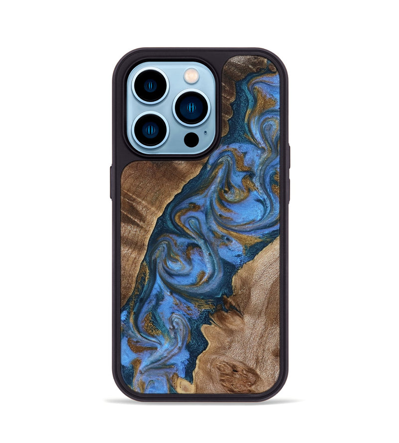 iPhone 14 Pro Wood Phone Case - Diann (Teal & Gold, 819101)