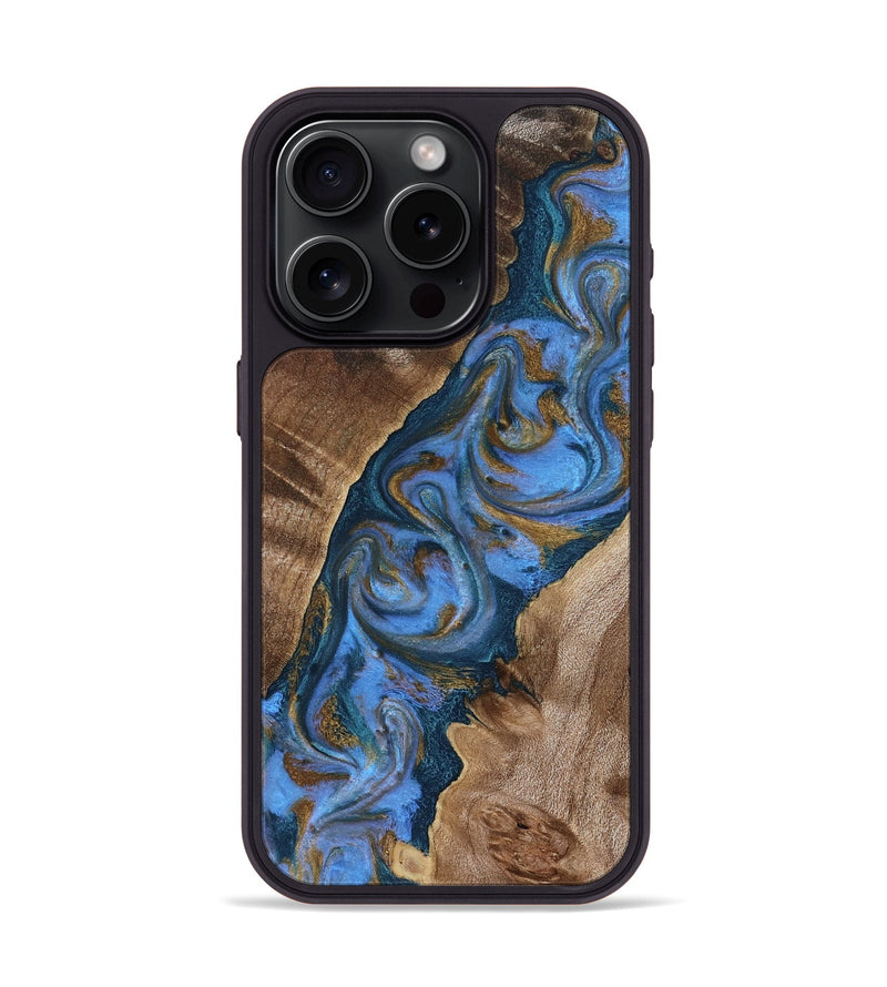 iPhone 15 Pro Wood Phone Case - Diann (Teal & Gold, 819101)