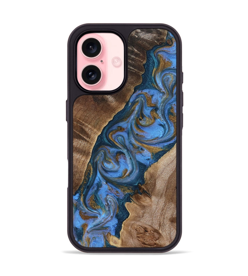 iPhone 16 Wood Phone Case - Diann (Teal & Gold, 819101)